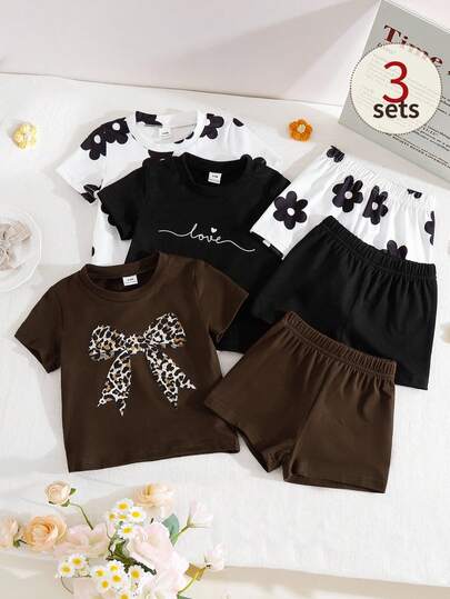 SHEIN 6pcs/Set Baby Girls Newborn Toddler 0-3 Years Spring Summer New Cute Bunny Solid & Striped T-Shirt Shorts Outfit Set