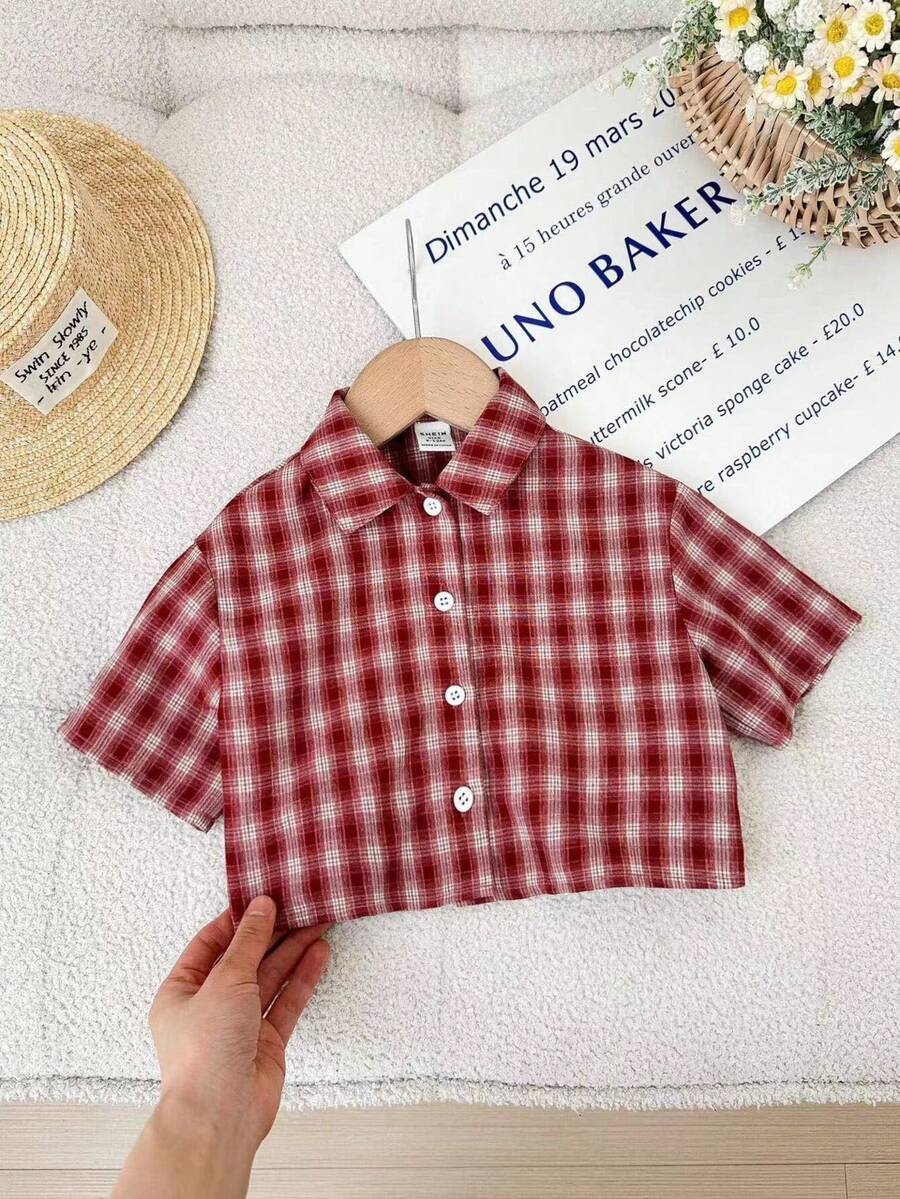 SHEIN 休闲百搭可爱红色格子宽松短袖衬衫 - 紅色 - 查看 1