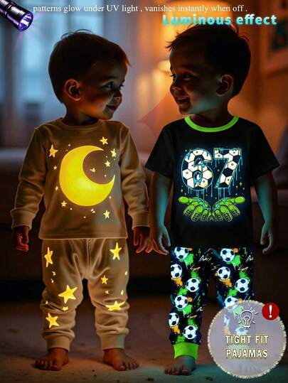 2pcs/Set Toddler Boys' Cool Digital 67 Football Graphic Glow-In-The-Dark Print Crew Neck Stretchy Knit Short Sleeve Top And Pants Casual Loungewear Set (Glows Under UV Light)