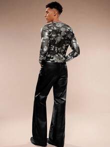 FeverCity 男士时尚休闲银箔印花修身长袖T恤 - 黑色 - 查看 6