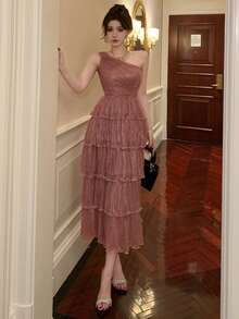 DAZY 闪亮、弹力、优雅的单肩甜美蛋糕裙，适合女士、婚礼宾客、女士长款连衣裙/吊带裙 - 粉色 - 查看 4