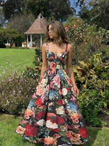 SHEIN MOD Đầm hai dây thanh lịch, thắt eo, in hoa dành cho nữ - Nhiều màu - Xem 6