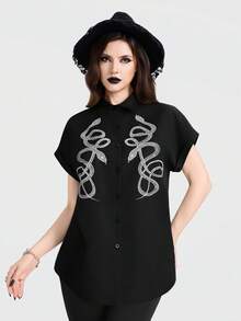 Breakform 女士哥特复古蛇纹印花翻领纽扣宽松衬衫 - 黑色 - 查看 5