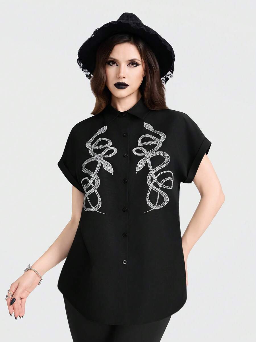 Breakform 女士哥特复古蛇纹印花翻领纽扣宽松衬衫 - 黑色 - 查看 1