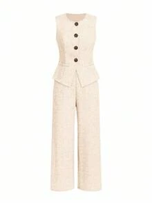 Ellevyn 无袖上衣和裤子 简约通勤优雅亚麻质感两件套 - 棕色 - 查看 6