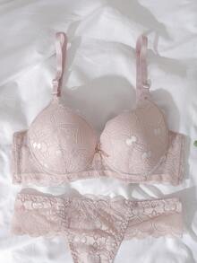 DelicateAllure Floral Lace Underwire Bra & Panty Lingerie Set - Khaki - View 4