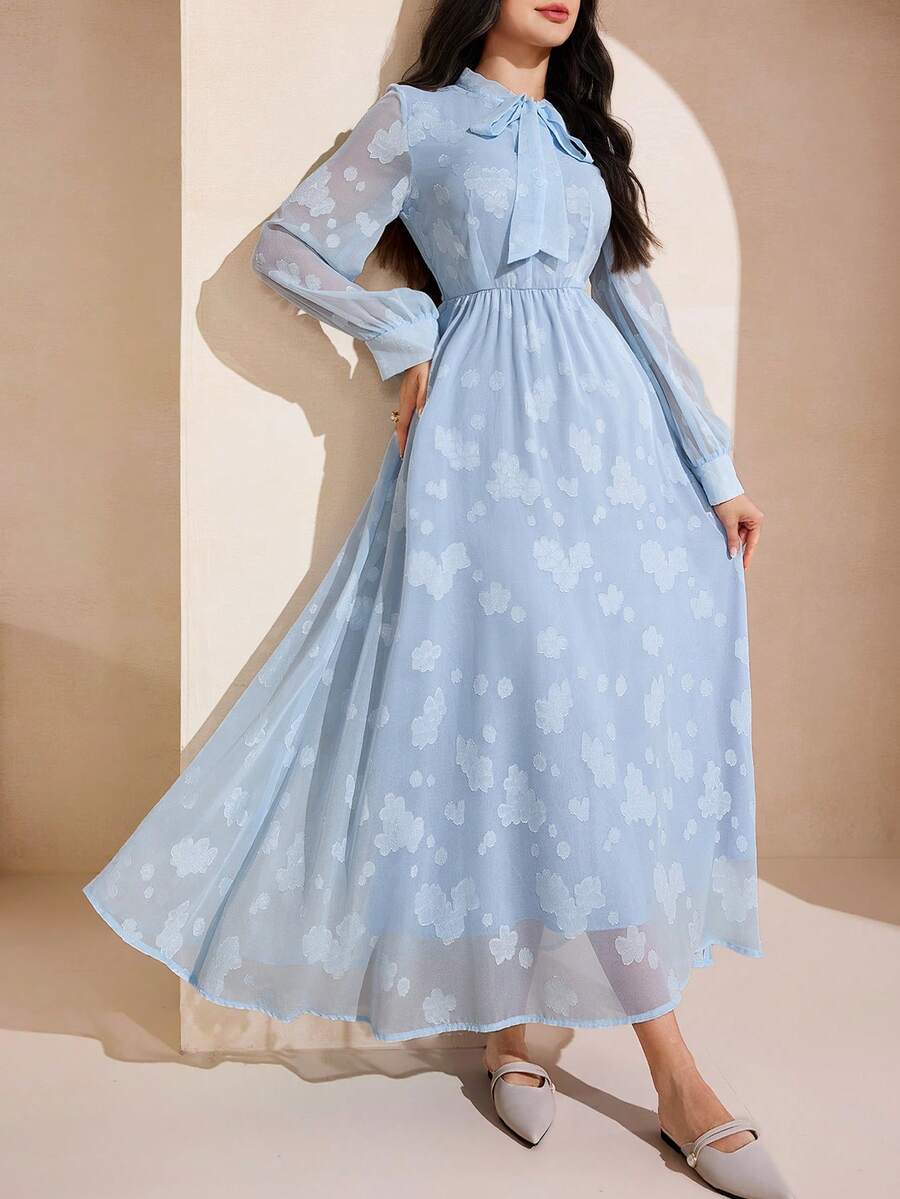 Graceveil 优雅女士提花蝴蝶结领喇叭长袖连衣裙，甜美优雅 - 藍色 - 查看 1