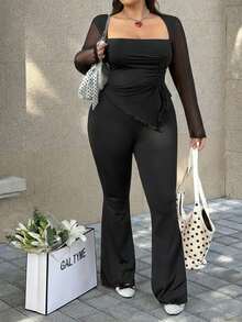 GalTyme 大码女装春夏长袖休闲抽绳褶皱修身上衣和喇叭裤两件套 - 彩色 - 查看 4