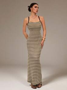 SHEIN Tall Women's Fashion Vacation Casual Spaghetti Strap Dress - Coffee - View 4