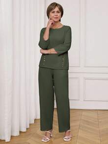 Miaspire Bộ đồ thể thao nữ gồm áo dài tay cổ tròn màu trơn và quần ống rộng. - Màu xanh lá cây đậm - Xem 5