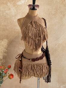 Soleia Choker Detail Fringe Knit Top Summer, Ibiza Fits, Holiday Vacation Sexy Festival Rave Knit Escapade Fall Country Autumn Winter Nashville - Khaki - View 6