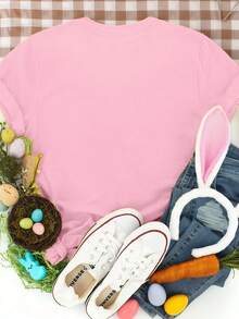 EMERY ROSE Plus Size Women's Sequin Easter Bunny Graphic Tees 'happy Easter' Letter Short Sleeve Easter T-Shirt Print Design Women Tops - Pink - View 2