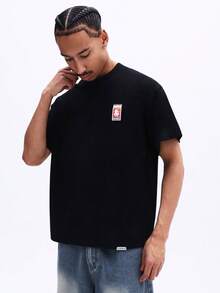 SUMWON Men's Boxy Fit Short Sleeve Crew Neck T-Shirt With Full Back Typography Print And Chest Logo Detail For Casual Streetwear - Black - View 2