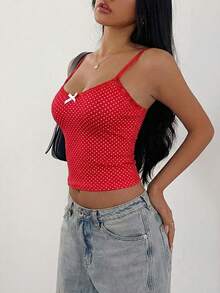 SHEIN SXY 女士红白波点蕾丝边蝴蝶结装饰吊带背心，适合情人节约会和新年派对，春夏款 - 紅色 - 查看 3