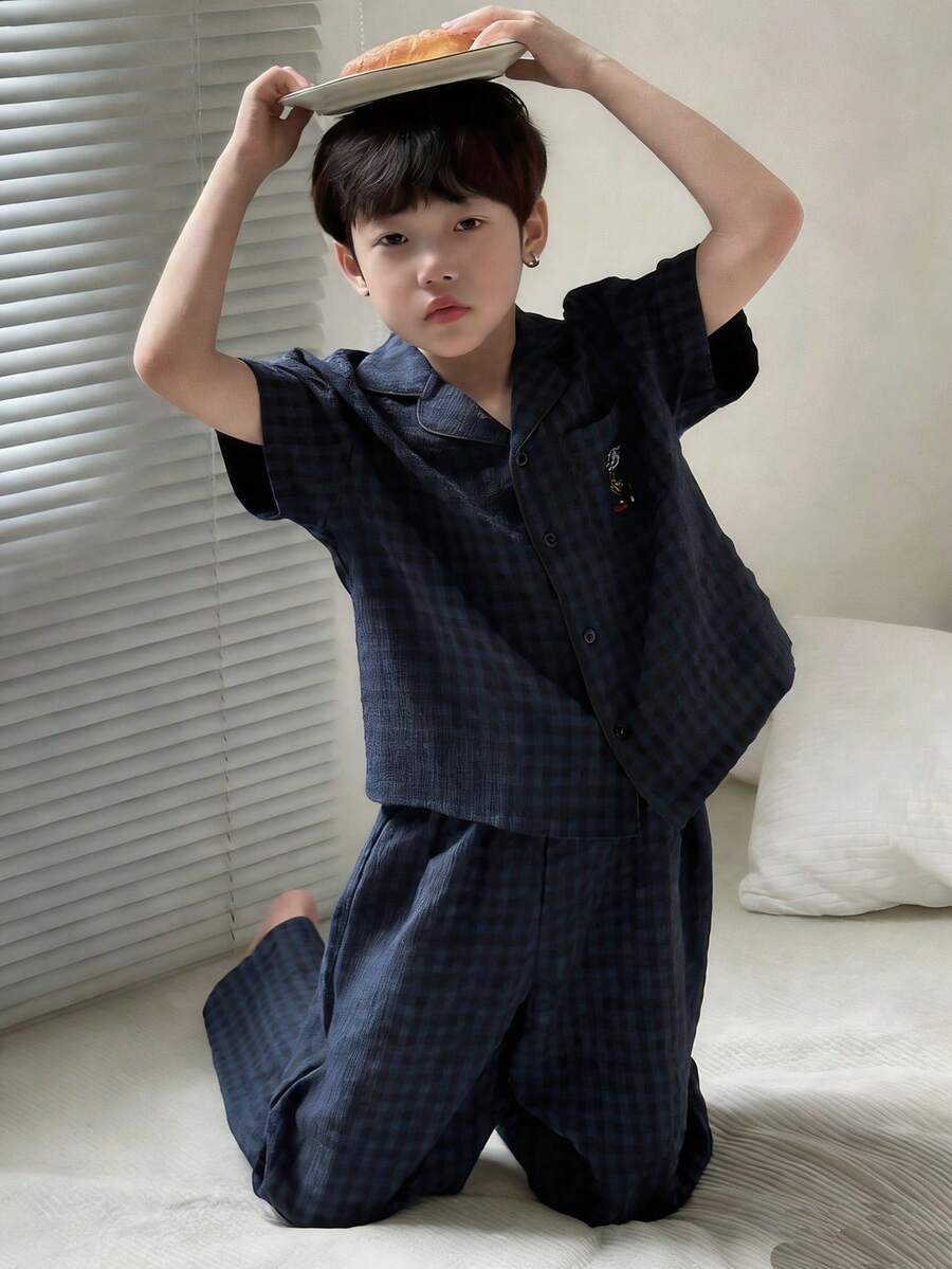 Dazy Kids Tween Boy Textured Button Front Short Sleeve Top And Pants, Summer Outfit - Navy Blue - View 1