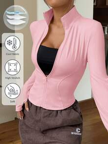 SHEIN EZwear 杏色针织修身女士长袖防晒外套，秋冬季款 - 粉色 - 查看 1