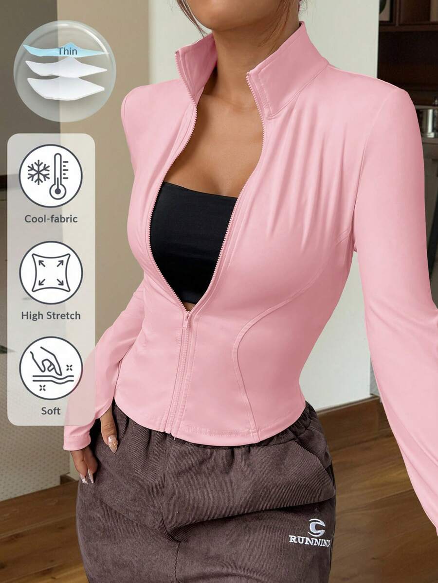 SHEIN EZwear 杏色针织修身女士长袖防晒外套,秋冬季款 - 粉色 - 查看 1