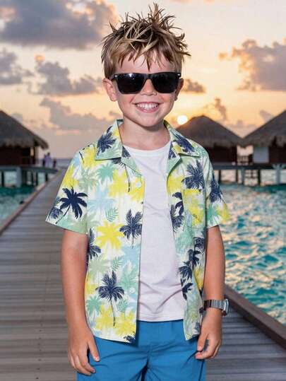 SHEIN 1pc Young Boys' Casual Comfortable Fashionable Simple Practical Soft Coconut Tree Pattern Short Sleeve Shirt, Suitable For Daily Wear, School, Outings, Spring/Summer