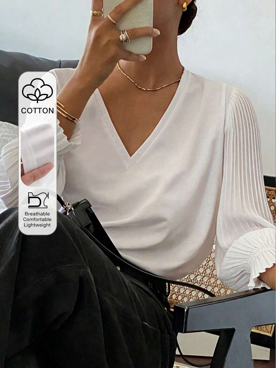 Livesso Kaos Wanita Elegan untuk Perjalanan Sehari-hari, Polos, Leher V Dalam, Longgar - Putih - View 1
