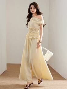 Heiryn Women's Solid Color Asymmetric Shoulder Ruched Waist Top And Skirt Elegant 2 Pieces Set,Vacation Outfits Women Vacation Pale Yellow Summer - Light Yellow - View 4