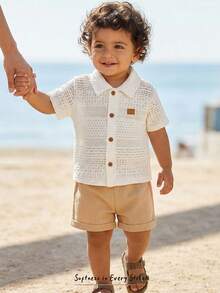 Cozy Pixies 2 pièces Ensemble bébé garçon cardigan à manches courtes en tricot col doux de couleur unie et short à taille élastique - Nude - Voir 1