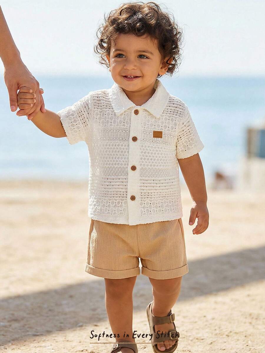 Cozy Pixies 2 pièces Ensemble bébé garçon cardigan à manches courtes en tricot col doux de couleur unie et short à taille élastique - Nude - Voir 1
