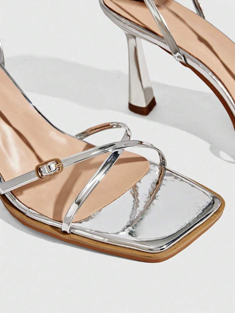 CUCCOO SZL Women's New Square Toe Thin High Heel Silver Open Toe Ankle Strap Criss-Cross Strap Fashionable Sexy Versatile High Heel Sandals Spring Shoes