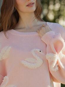 WESTFADE 圆领毛绒天鹅贴花宽松长袖混色针织套头毛衣，适合春季、度假、夏季、海滩、音乐节、乡村音乐节、科切拉音乐节、休闲、可爱、波西米亚风、纳什维尔、牛仔、牛仔竞技、乡村音乐会等场合，女士西部风格服饰。 - 粉色 - 查看 5