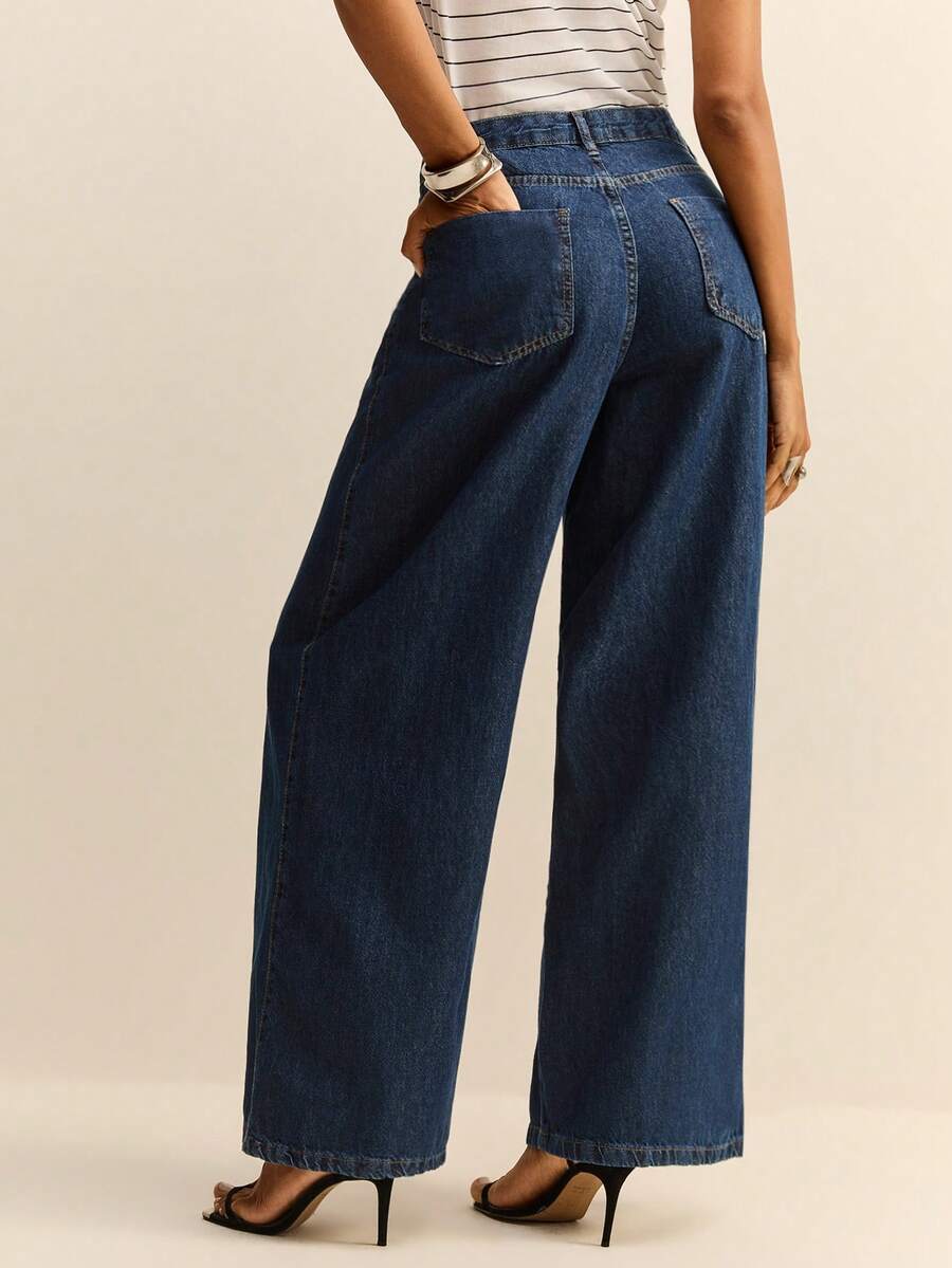 Daynim 高腰阔腿牛仔裤 - 深色水洗藍 - 查看 1