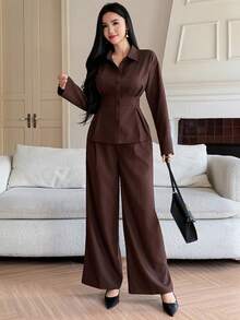 DAZY 2pcs Women Casual Collared Waist Top And Pants Set - Coffee Brown - View 4