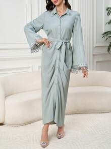 Al Najma 女士前扣优雅水钻流苏阿拉伯风格连衣裙 - 薄荷綠 - 查看 1