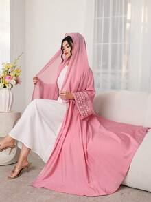 Al Najma Geometric Embroidery Patchwork Robe With Headscarf, Pink - Pink - View 3