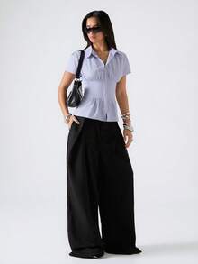 LYSMO 2026 New Arrive Minimalism Spring/Summer Women's Plaid Shoulder Petal Sleeve Ruched Waist Elegant Blouse Women Office Tops Short Sleeve Blouses Business Casual Tops Woman Work Blouse - Yellow - View 7