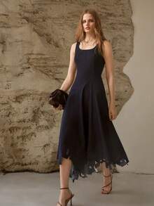 MOTF PREMIUM WOMEN'S SPRING/SUMMER NATURAL ASYMMETRIC A-LINE HOLLOW OUT EMBROIDERED MIDI DENIM DRESS - Navy Blue - View 5