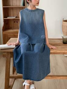 DAZY 2pcs/Set Tween Girls Crew Neck Sleeveless Printed Denim Top And Denim Skirt Outfit, Fall - Blue - View 7