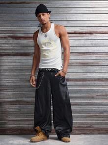 AXEPEAK Men's Letter Print Round Neck Casual Fashion Tank Top, Summer - White - View 7