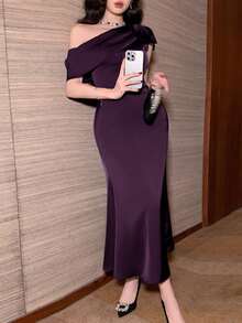 DAZY 女士优雅蝴蝶结收腰纯色长款连衣裙夏季长裙吊带裙 - 紫色 - 查看 5