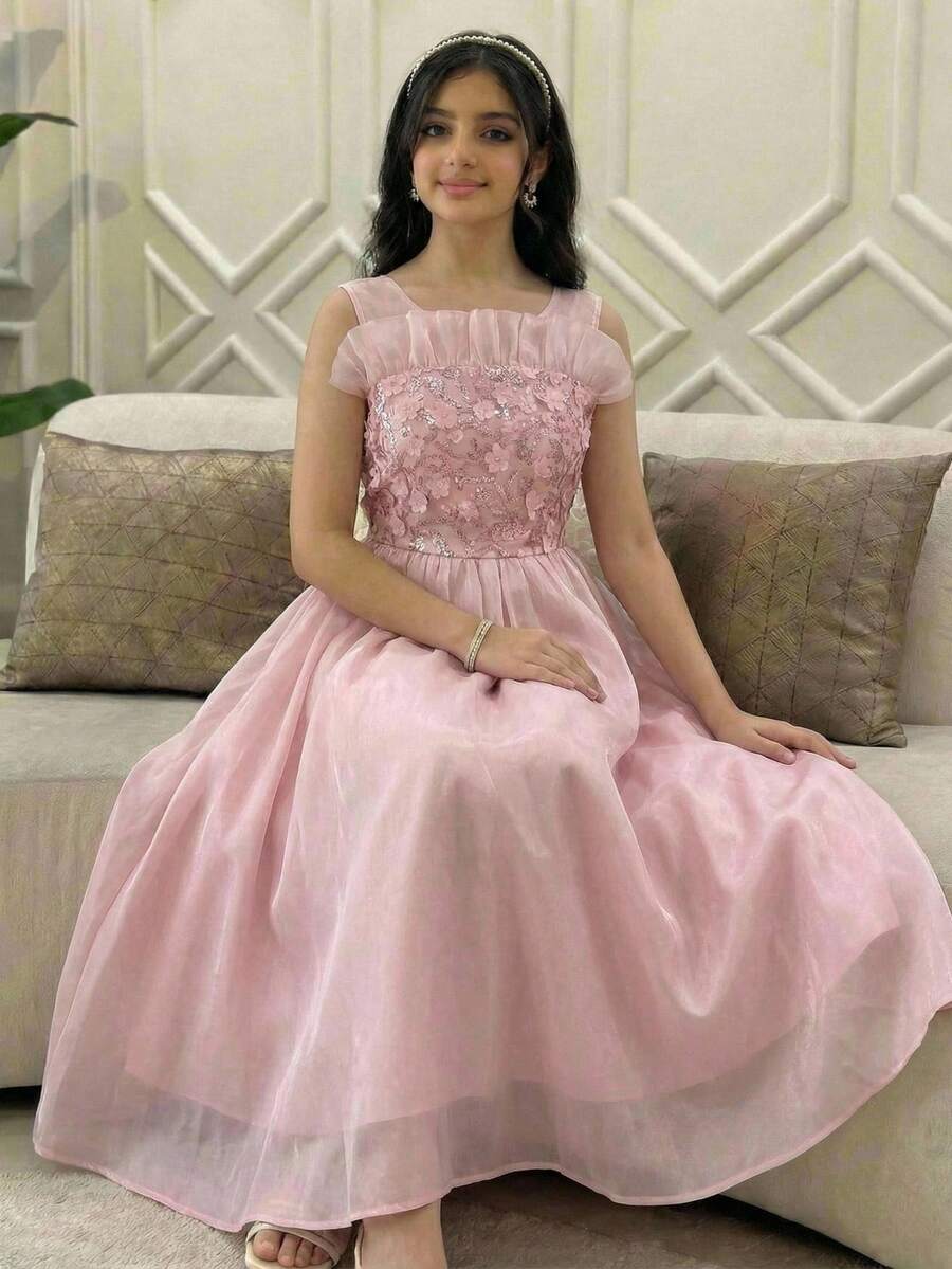 SHEIN 少女优雅公主刺绣蕾丝网纱腰部A字公主裙 - 粉色 - 查看 1