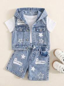 2pcs/Set Toddler Boys' Star Pattern Hooded Sleeveless Top And Denim Shorts Set - Light Wash - View 7