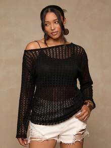 Freevana 大码休闲不对称肩针织上衣，百搭T恤，适合秋冬季节，长袖网纱上衣，女士露肩网纱透视上衣，黑色网纱上衣，女士长袖上衣，网纱罩衫，女士针织上衣 - 黑色 - 查看 5