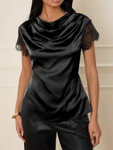 Lilora Blusa suelta de manga corta con cuello de encaje con volantes en color negro, estilo "Old Money" de los años 2000, para el Día de San Valentín, baile de graduación, primavera y vacaciones de verano. - Negro - Ver 3