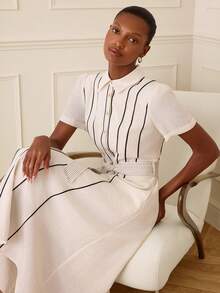 Lilora 女士优雅条纹腰带短袖衬衫裙 - 白色 - 查看 7