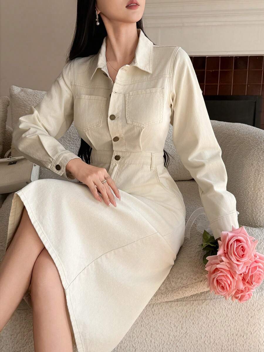 DAZY 女士休闲牛仔连衣裙，带口袋，春秋季 - 米色 - 查看 1