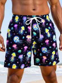 Manfinity Swimmode 男士全印花弹力腰抽绳口袋休闲夏季沙滩短裤 - 彩色 - 查看 3