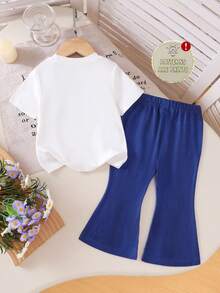 2pcs Baby Girl Fashion Minimalist Bow Leopard Print Glasses Letter Print Top And Bow Denim Effect Print Flare Pants Set, Suitable For Outings In Summer - Multicolor - View 2
