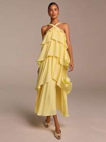 COSMINA Women's Elegant Sleeveless Ruffled Dress, Suitable For Vacation, Date, Wedding Guest, Spring & Summer - Light Yellow - View 3