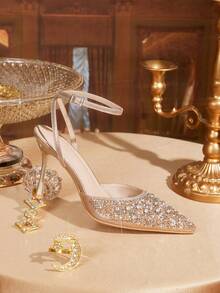 CUCCOO TILAWA 香槟色尖头水钻装饰细高跟踝带凉鞋，性感时尚，适合连衣裙、派对、夜店等场合。 - 香檳色 - 查看 3