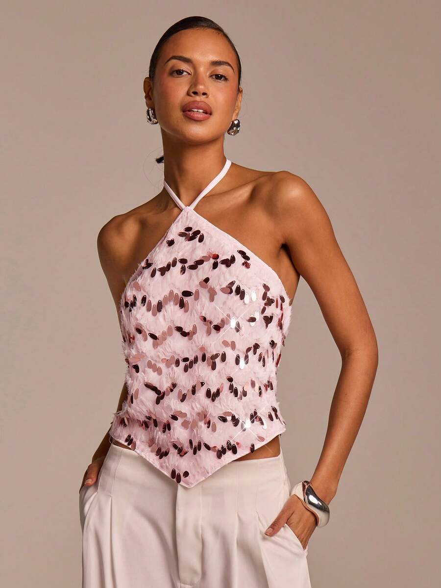 COSMINA 女士亮片不对称下摆衬衫，优雅浪漫的夏季婚礼宾客、派对、鸡尾酒会、约会、海滩度假、休闲穿着之选 - 彩色 - 查看 1