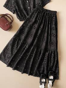Muvela 春夏新款黑色弹力腰带抽绳设计不规则开衩蕾丝饰边拼接百褶裙，百搭复古学院风Y2K办公正式优雅都市通勤休闲浪漫90年代复古风，适合派对、婚礼、日常穿着。 - 黑色 - 查看 4