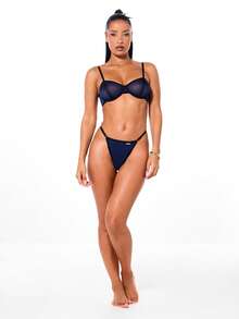 SUMWON WOMEN 半罩杯文胸和内裤套装，撞色包边细节，钢圈加厚支撑，贴身内衣 - 藍色 - 查看 4